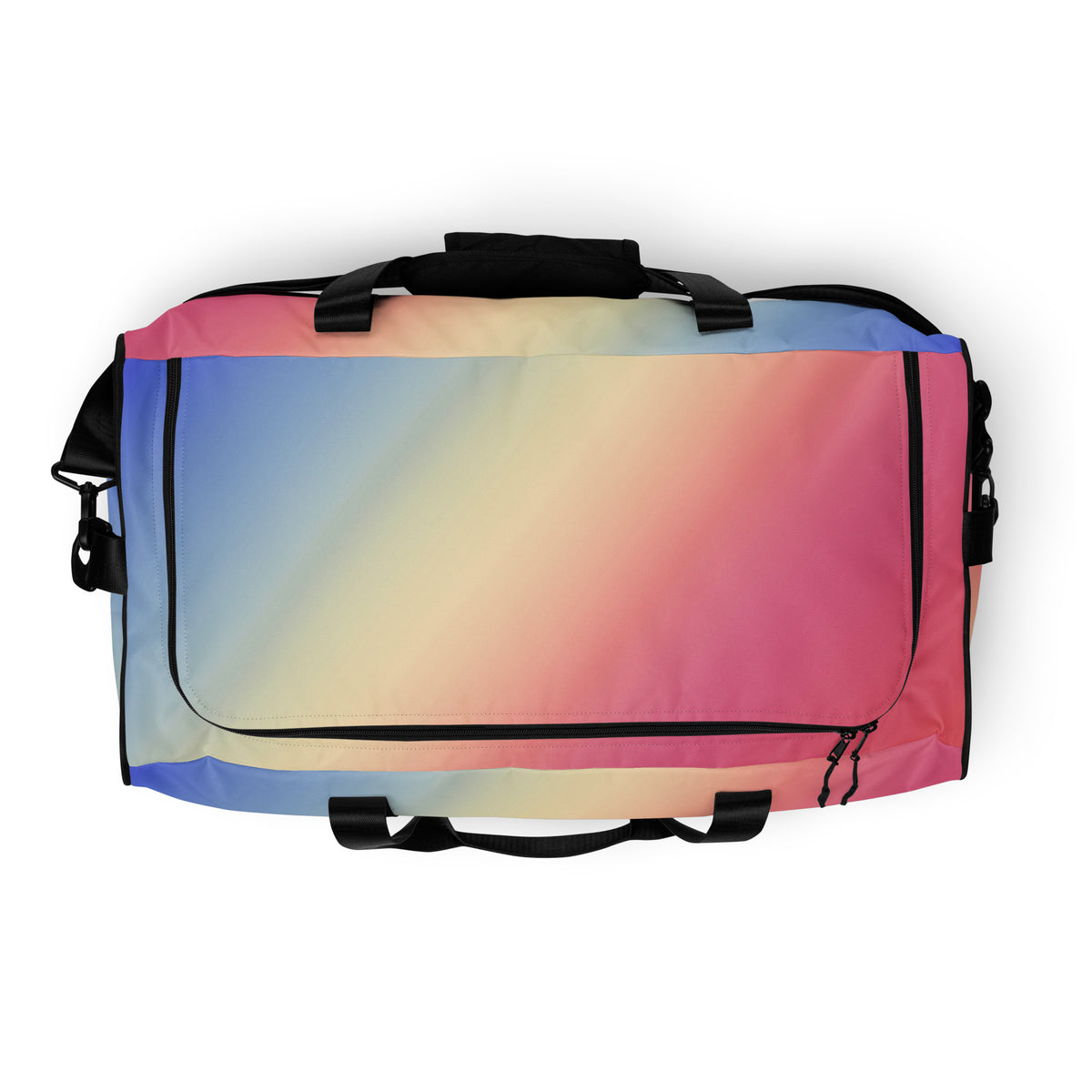 Duffle bag with two black carry straps and zippered top, pink-blue gradient