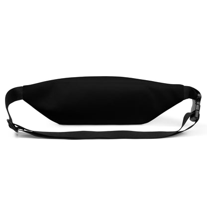 Black fanny pack laid flat with adjustable strap and curved zippered body.