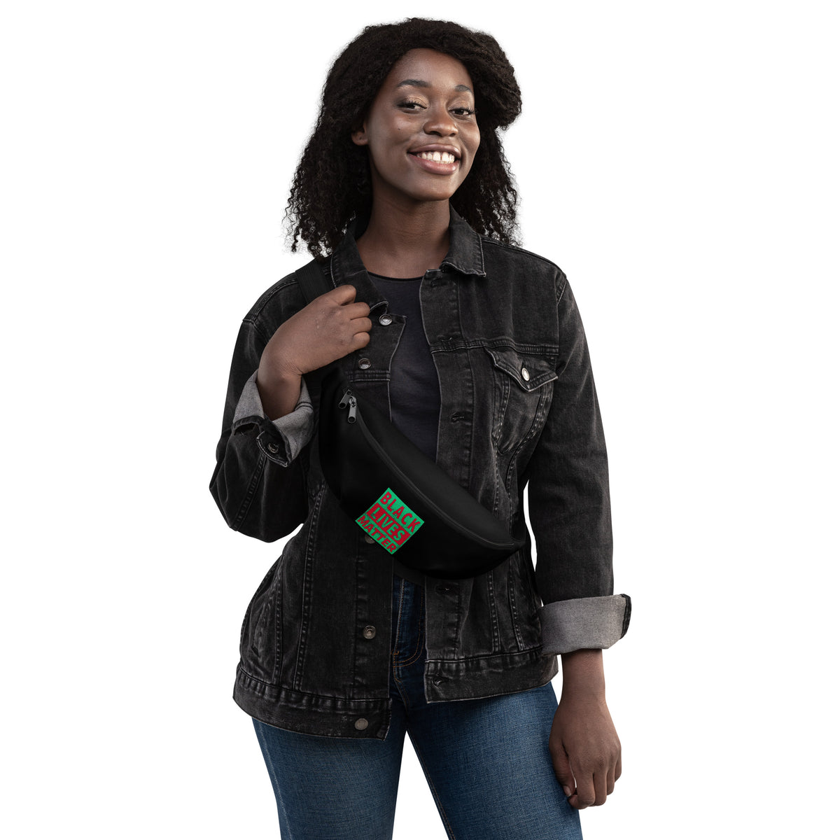 Black fanny pack worn crossbody with “BLACK LIVES MATTER” front graphic and zipper.