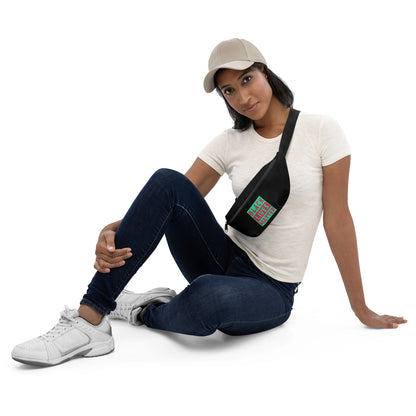 Black fanny pack worn across body with “BLACK LIVES MATTER” logo on front pocket.