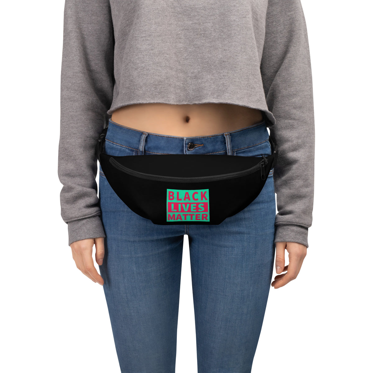 Black waist fanny pack with “BLACK LIVES MATTER” graphic on front, worn at back.