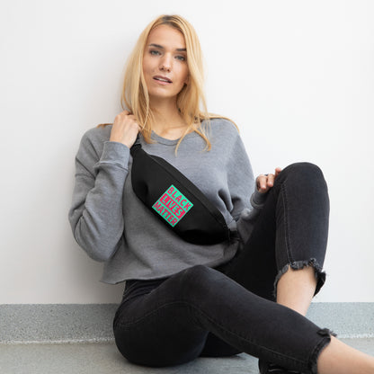 Black sling fanny pack across chest with “BLACK LIVES MATTER” graphic on front pocket.