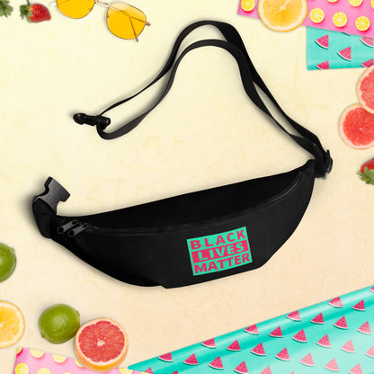 Black fanny pack on table with “BLACK LIVES MATTER” label on front pocket.
