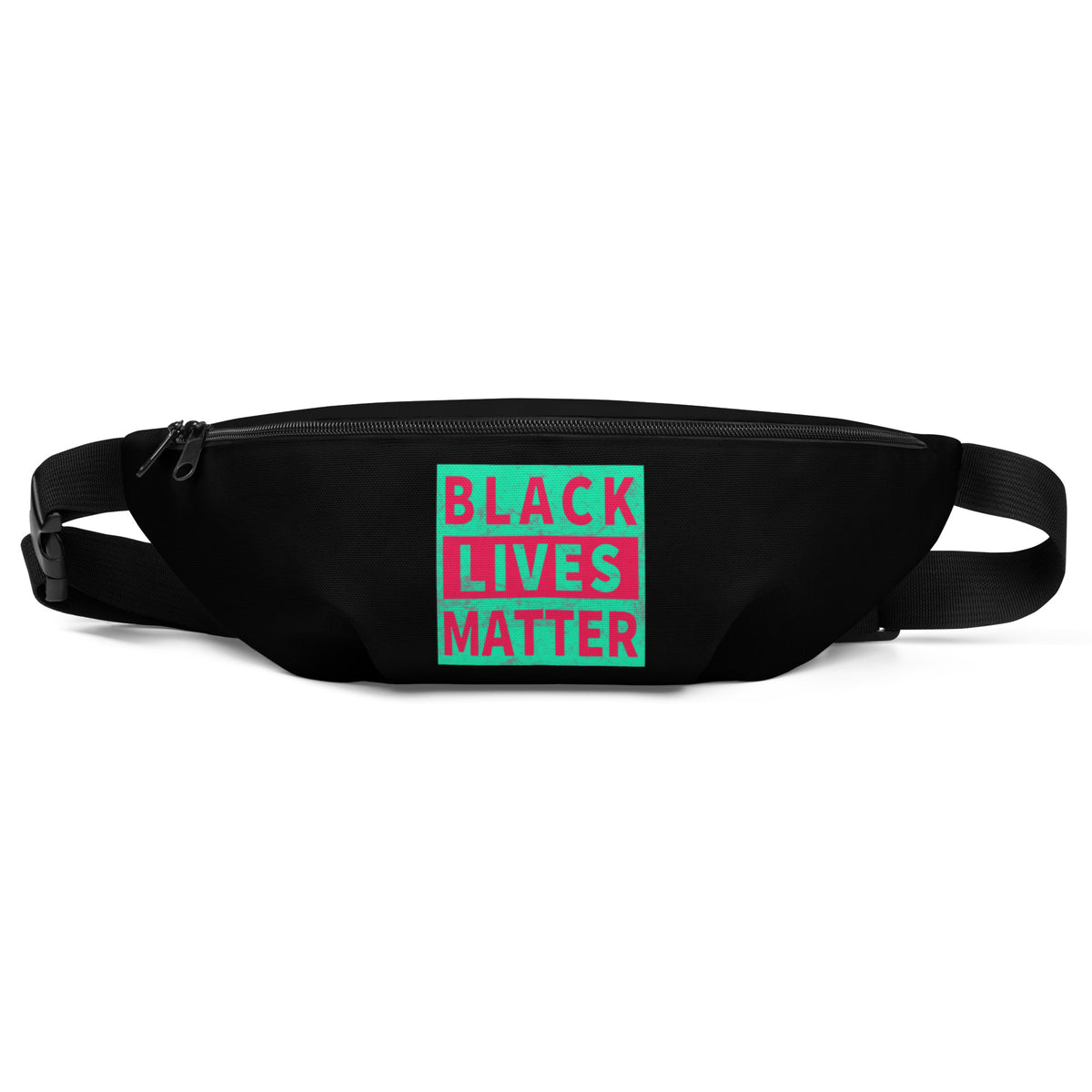 Black waist fanny pack with adjustable strap and “BLACK LIVES MATTER” front label.