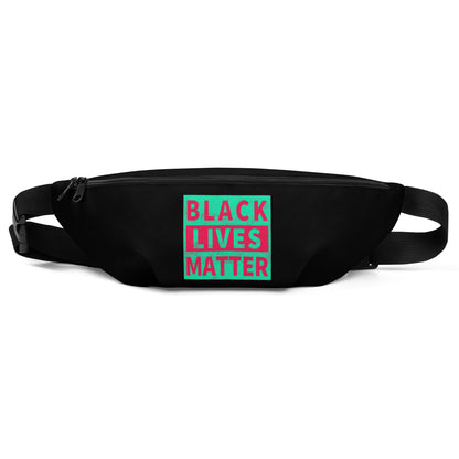Black waist fanny pack with adjustable strap and “BLACK LIVES MATTER” front label.