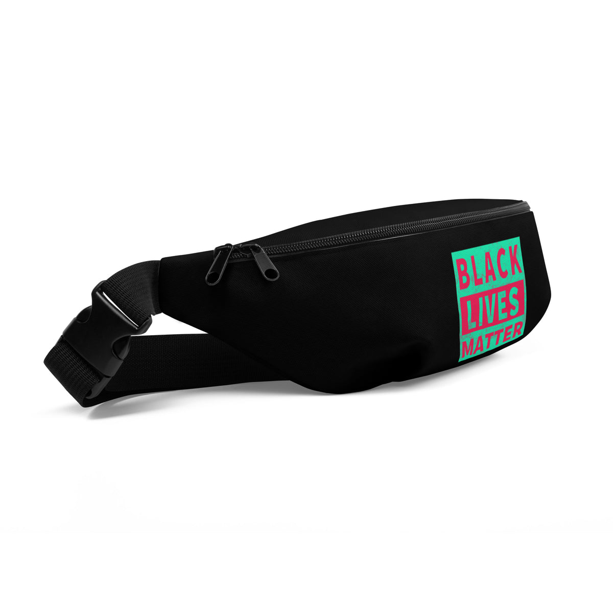 Black fanny pack with adjustable strap and “BLACK LIVES MATTER” logo on side panel.