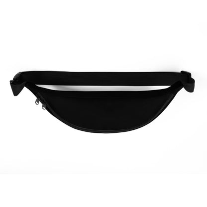Black fanny pack with adjustable webbing strap and curved zippered main pocket