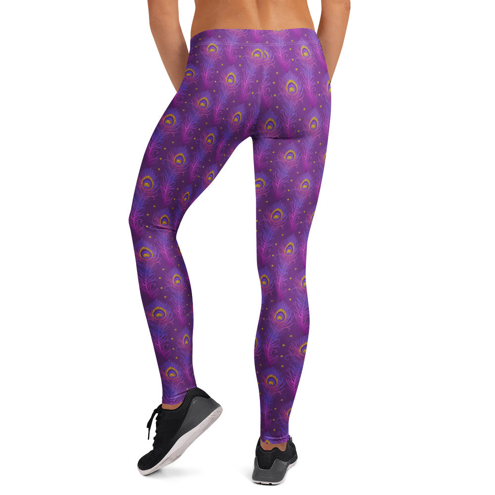 Purple leggings with peacock-eye pattern, side view, full-length