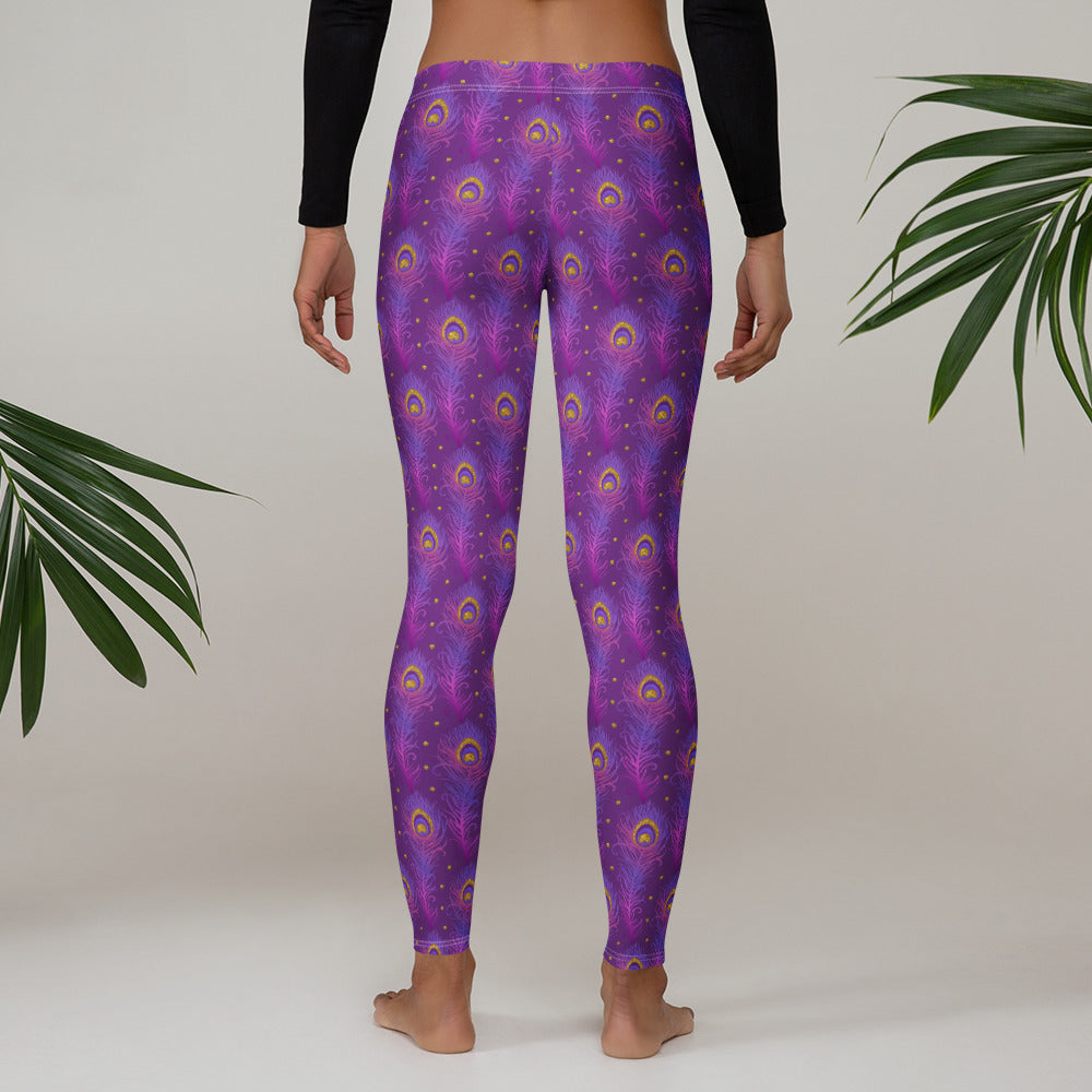 Purple leggings with peacock-eye print, full-length, comfortable stretch fit
