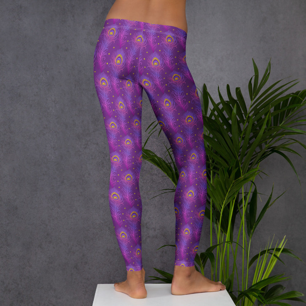 Purple leggings with peacock-eye print, full-length, angled side view