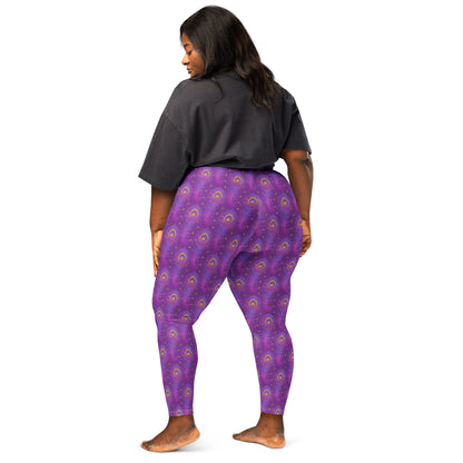 Purple patterned leggings, back view, peacock-eye design, full-length