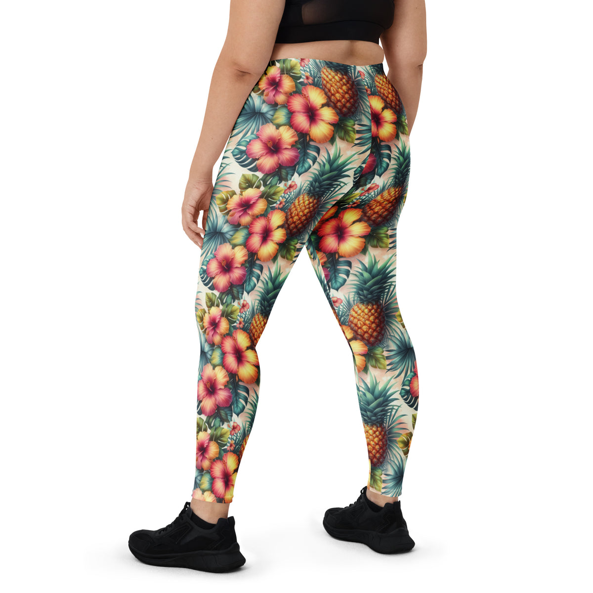 Tropical print leggings with pineapple and leaf pattern, back view, fitted active style