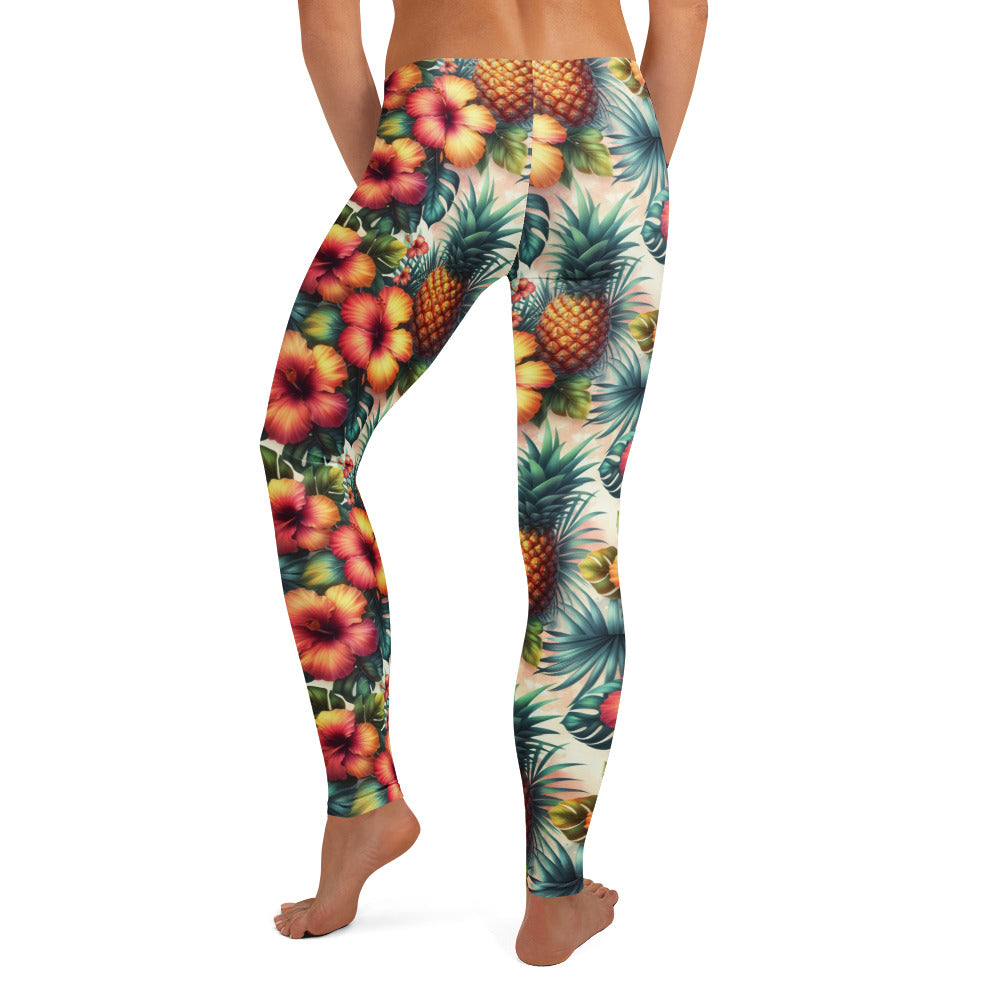 Tropical print leggings with pineapple and palm leaf motif, back-center view