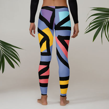 Blue geometric leggings with black, yellow, purple, and pink angular stripe pattern.