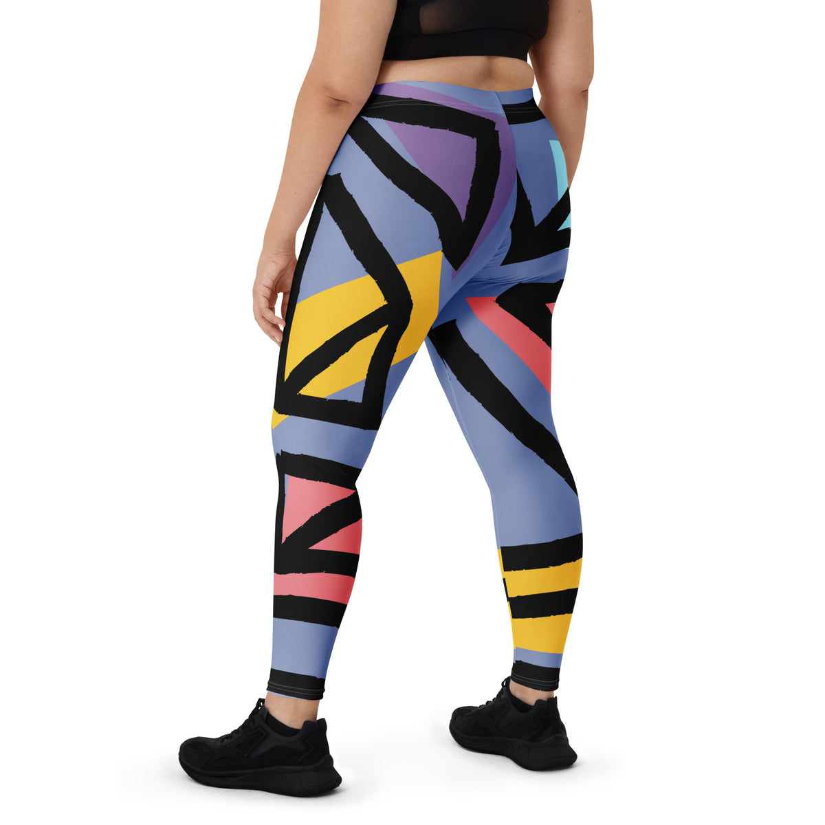 Geometric leggings with multicolor abstract blocks and stripes on a blue base