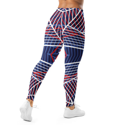 Women’s leggings with navy abstract line print in red and white, back view.