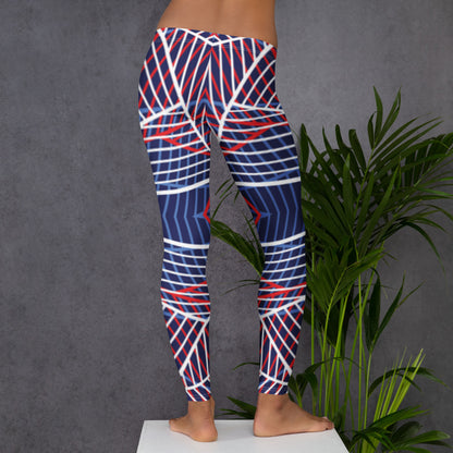 Women’s full-length leggings with abstract line pattern in navy, red, and white.