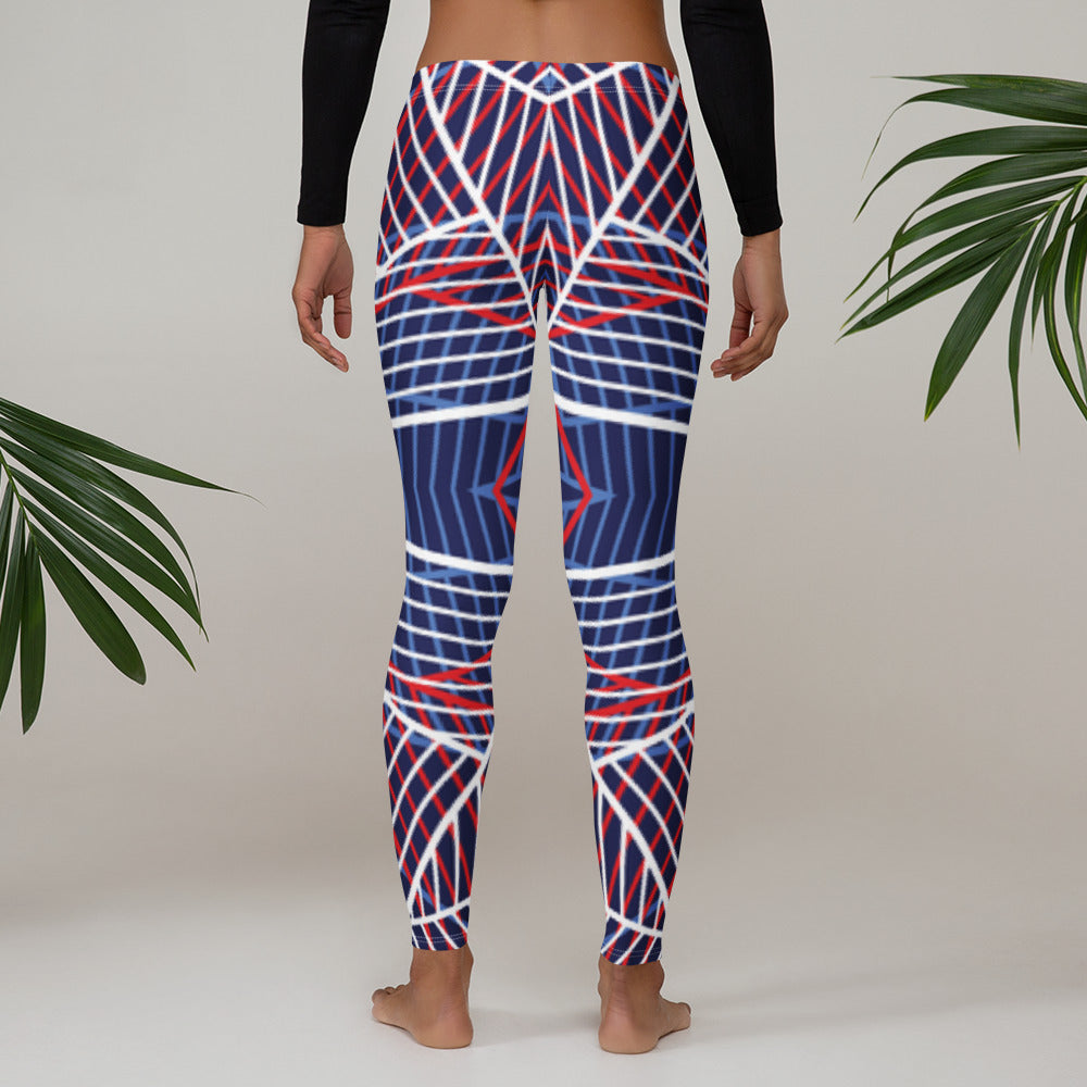 Women’s leggings showing abstract geometric lines in navy, red, and white.