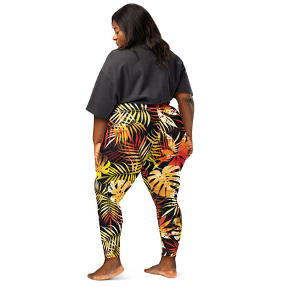 Women's leggings with black base and multicolor tropical leaf print