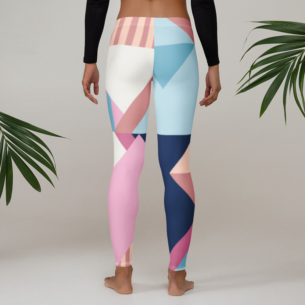 Women’s leggings with pastel geometric print blocks and stripes, full length, front view.