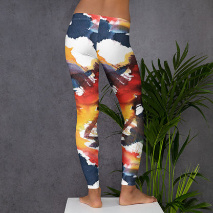 Women’s leggings with full-leg abstract paint-splash print in navy and warm colors