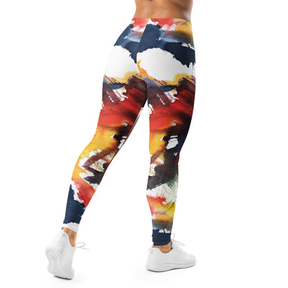 Women’s colorful leggings with navy base and red-yellow-white abstract splatter