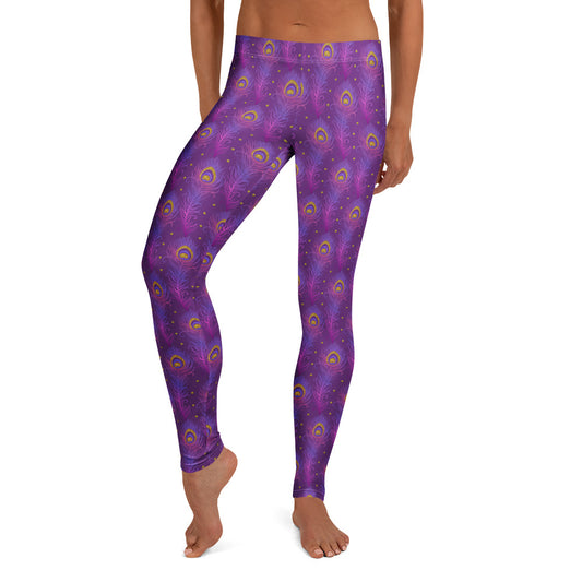 Purple leggings with peacock-eye pattern, full-length athletic fit