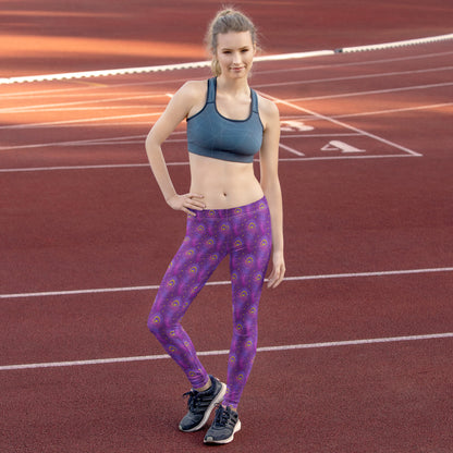 Mid-rise purple peacock-feather pattern leggings, full-length athletic fit