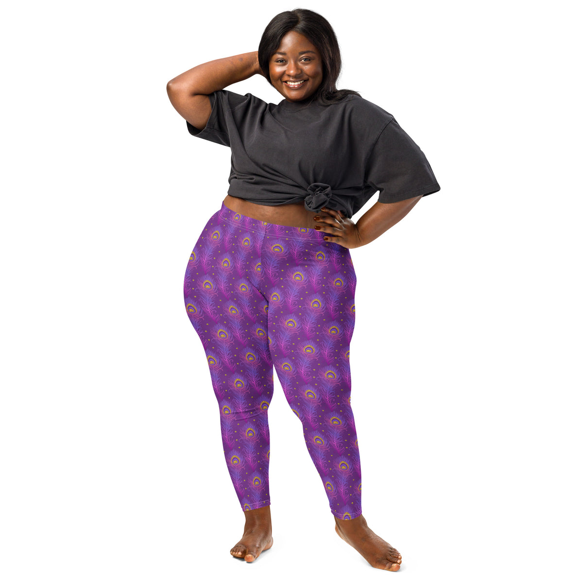 Purple leggings with peacock-eye pattern, full-length, elastic waistband