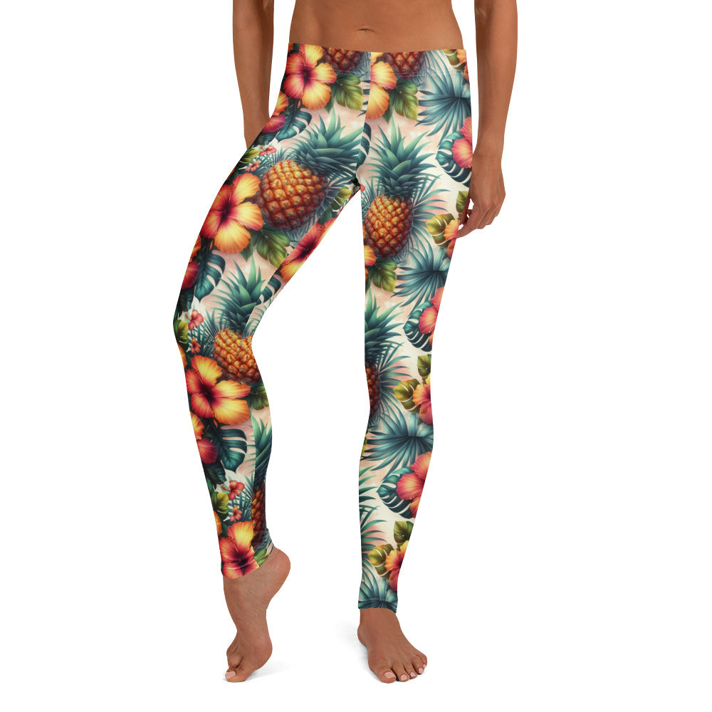 Women's tropical print leggings with pineapple and leaf pattern, full-length stretch fit