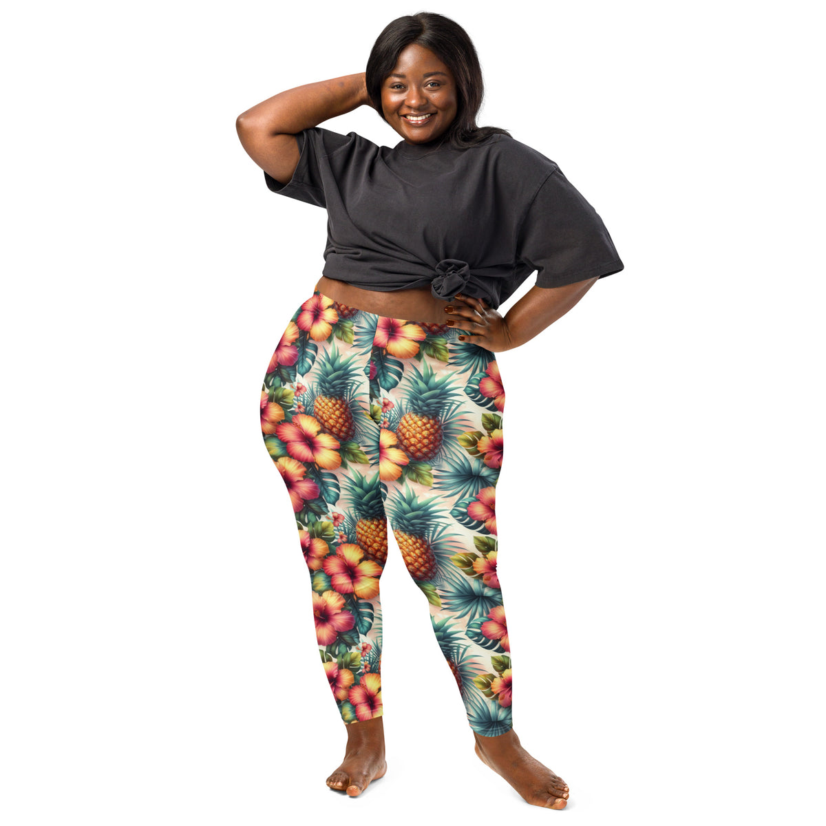 Tropical print leggings in pineapple and leafy design, high-rise fitted style
