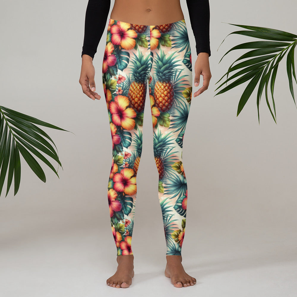 Tropical print leggings with pineapple and palm leaves, front view, full-length fitted