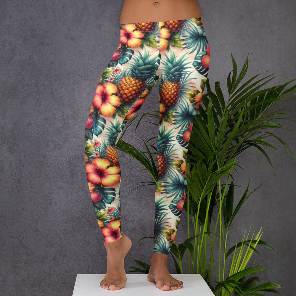 Tropical fruit and leaf print leggings, mid-rise waistband, full-length