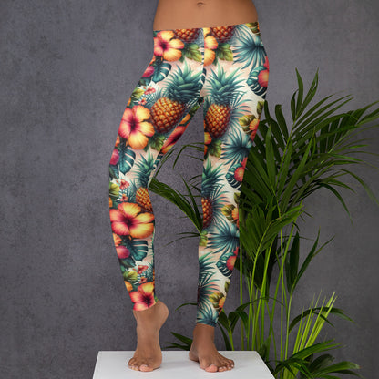 Tropical fruit and leaf print leggings, mid-rise waistband, full-length