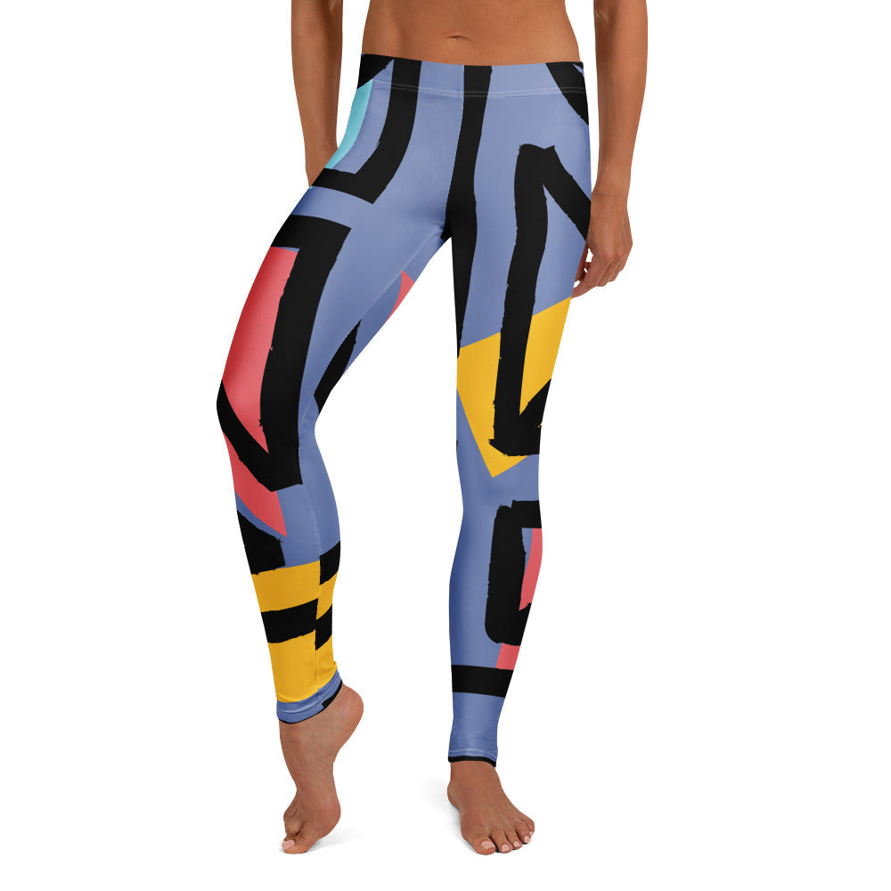 Geometric pattern leggings with blue base, black, yellow, and pink blocks, full length.