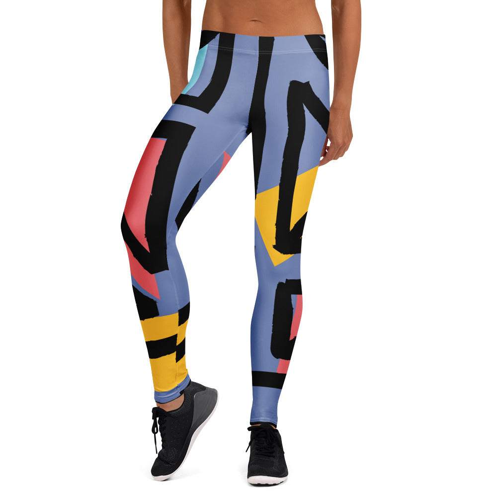 Geometric pattern leggings with blue, black, yellow, and pink abstract stripes
