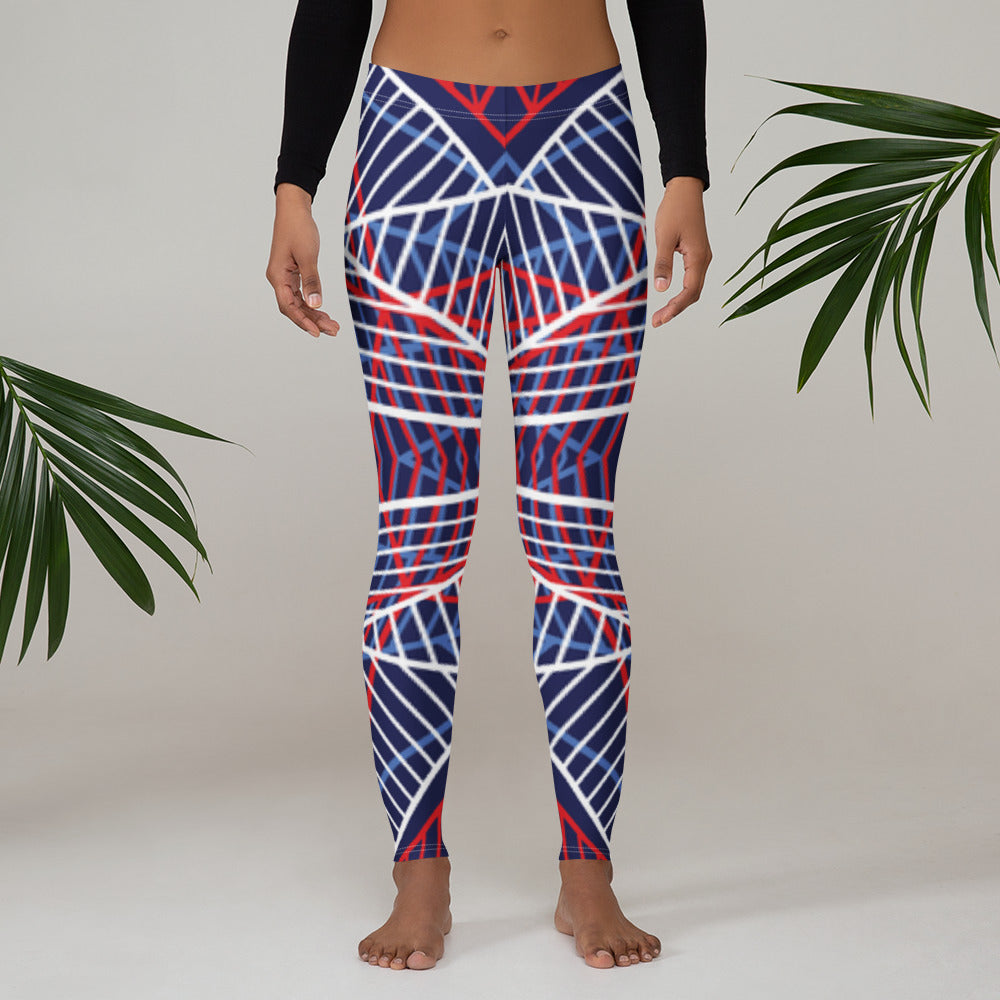 Women’s leggings in navy with red and white geometric line pattern, front view.