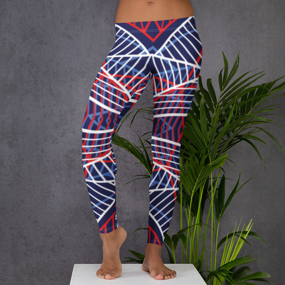 Women’s leggings with navy base and red and white abstract line design.