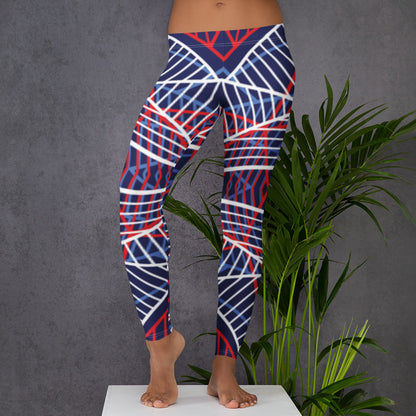 Women’s leggings with navy base and red and white abstract line design.