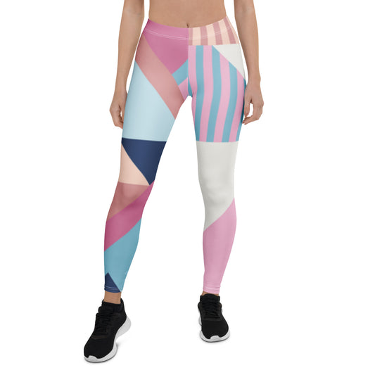 Women’s leggings with pastel geometric blocks and striped panels, full-length.
