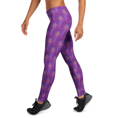 Purple leggings with peacock-eye print, tapered legs, full-length