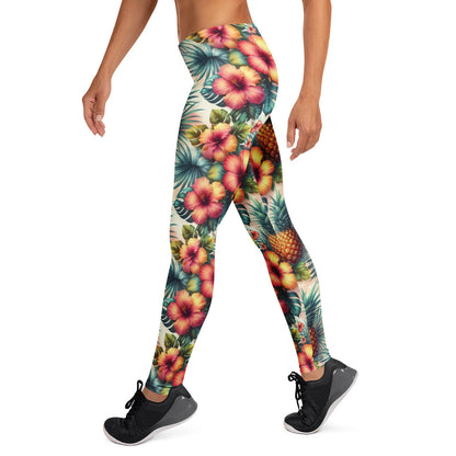 Tropical print leggings with hibiscus flowers and green leaves, full-length stretch fit