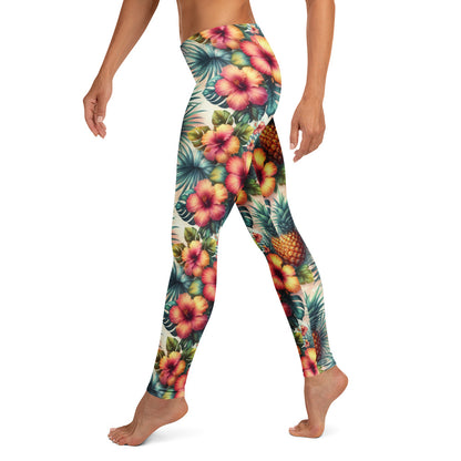 Tropical print leggings with pineapples and leafy pattern, side view, fitted activewear