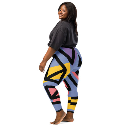 Blue geometric leggings with black, yellow, and pink stripe-like shapes, full length.