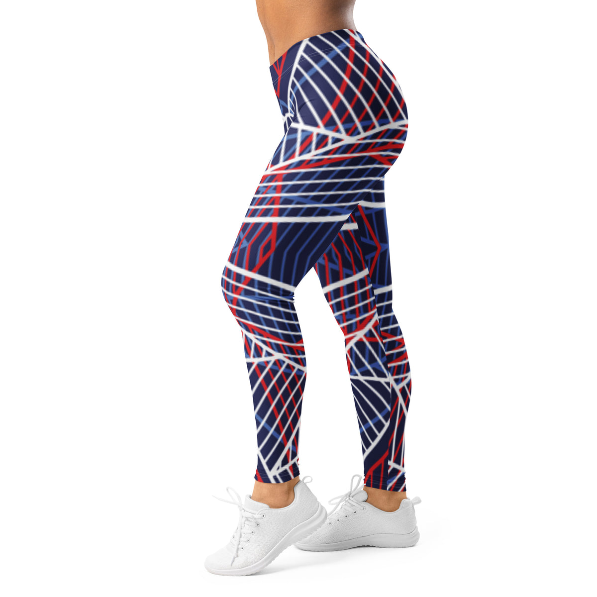 Women’s leggings with navy and red/white abstract grid lines, side view, full length.