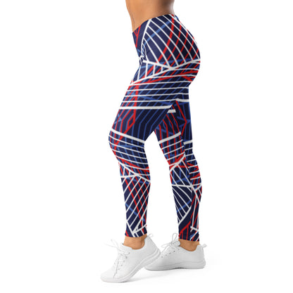 Women’s leggings with navy and red/white abstract grid lines, side view, full length.
