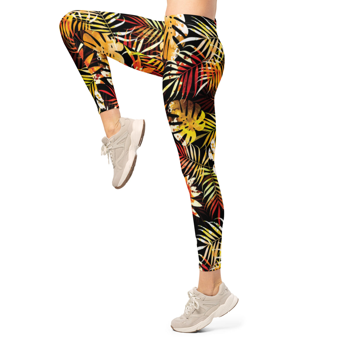 Women's tropical leaf print leggings with full-length multicolor foliage pattern