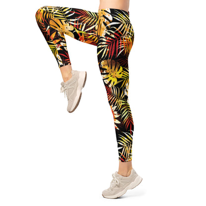 Women's tropical leaf print leggings with full-length multicolor foliage pattern