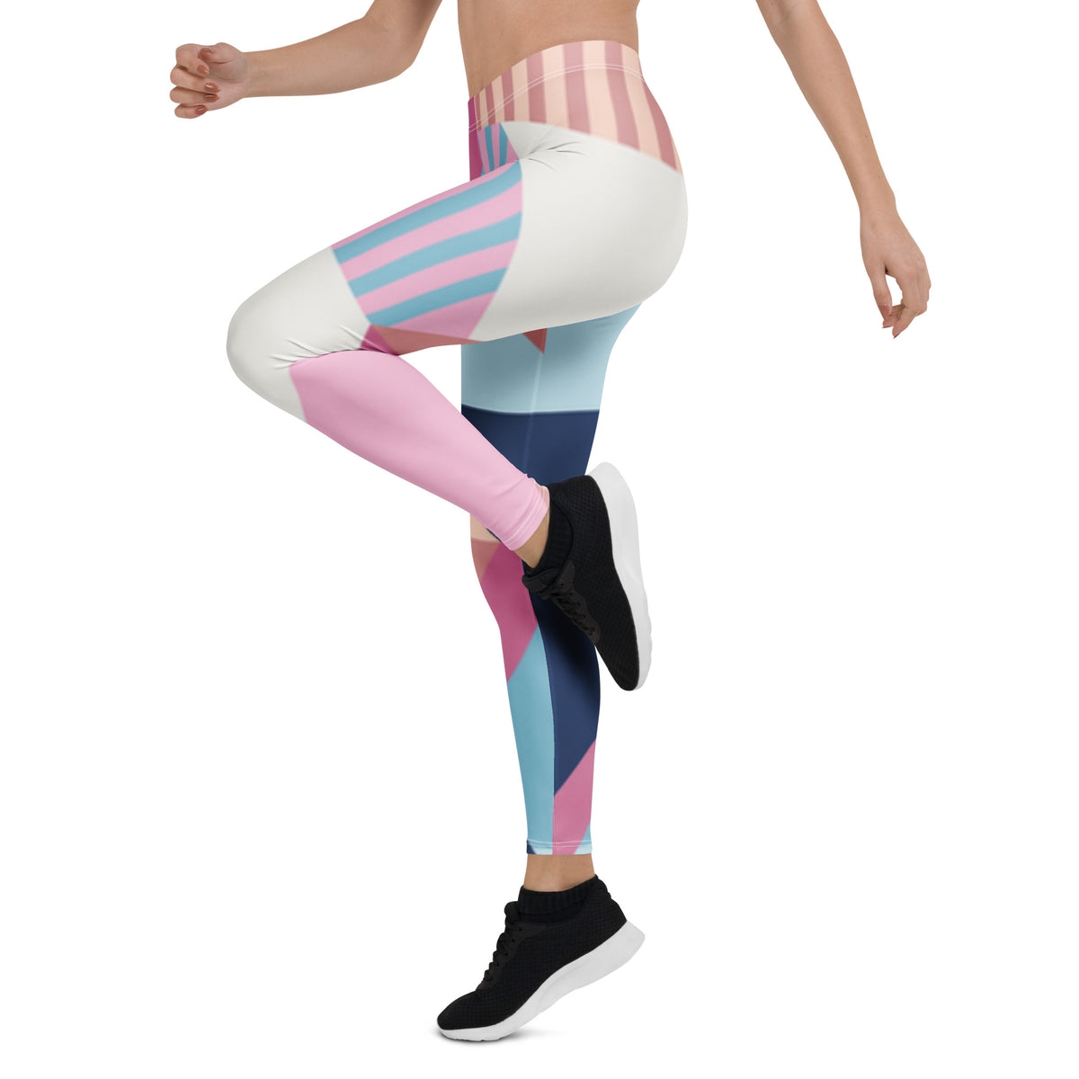 Women’s full-length leggings with geometric colorblock print in pink, blue, and white