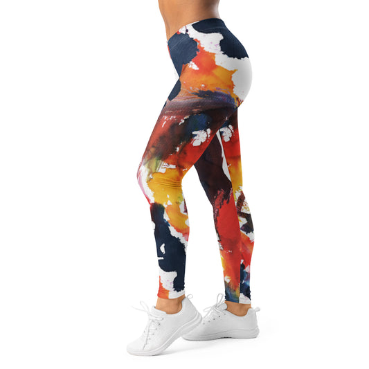Women’s leggings with dark navy base and colorful abstract paint-splash pattern